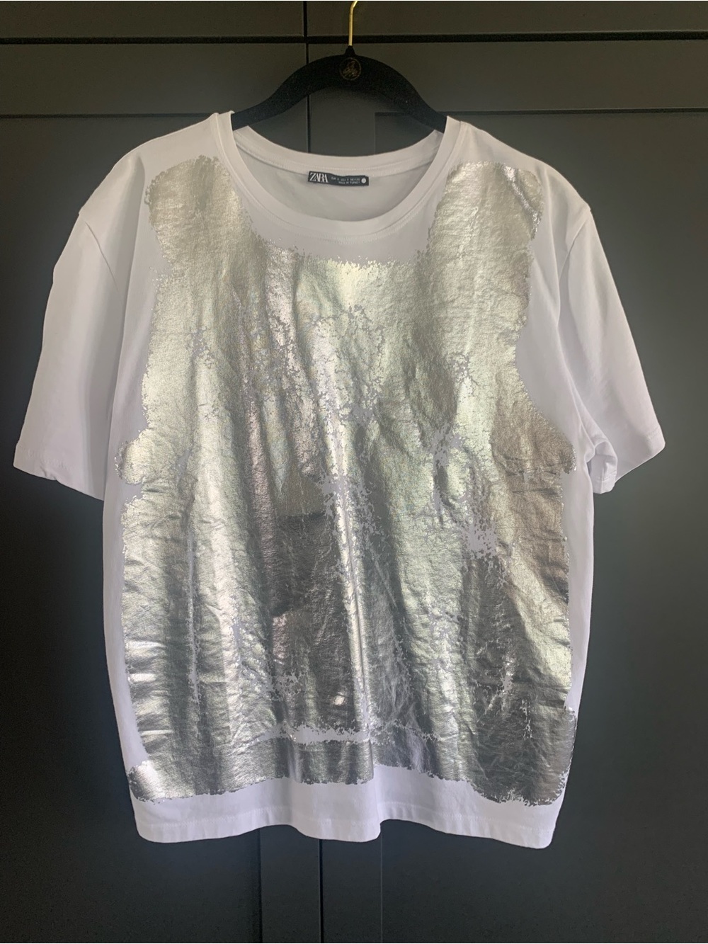 Zara women’s White Tee with Silver Foil Front